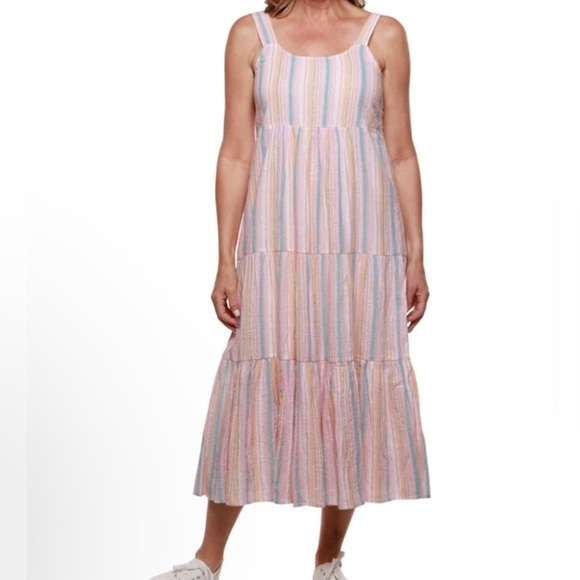 Metallic Sun Dress PINK Aqua Multicolored Tiered Lined Flowy Crepe Prairie Dress - Picture 2 of 14